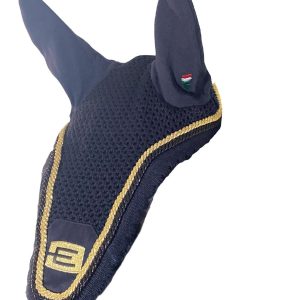 Equiline e-logga tävlingshuva i svart med passpoal i Glittersvart/guld