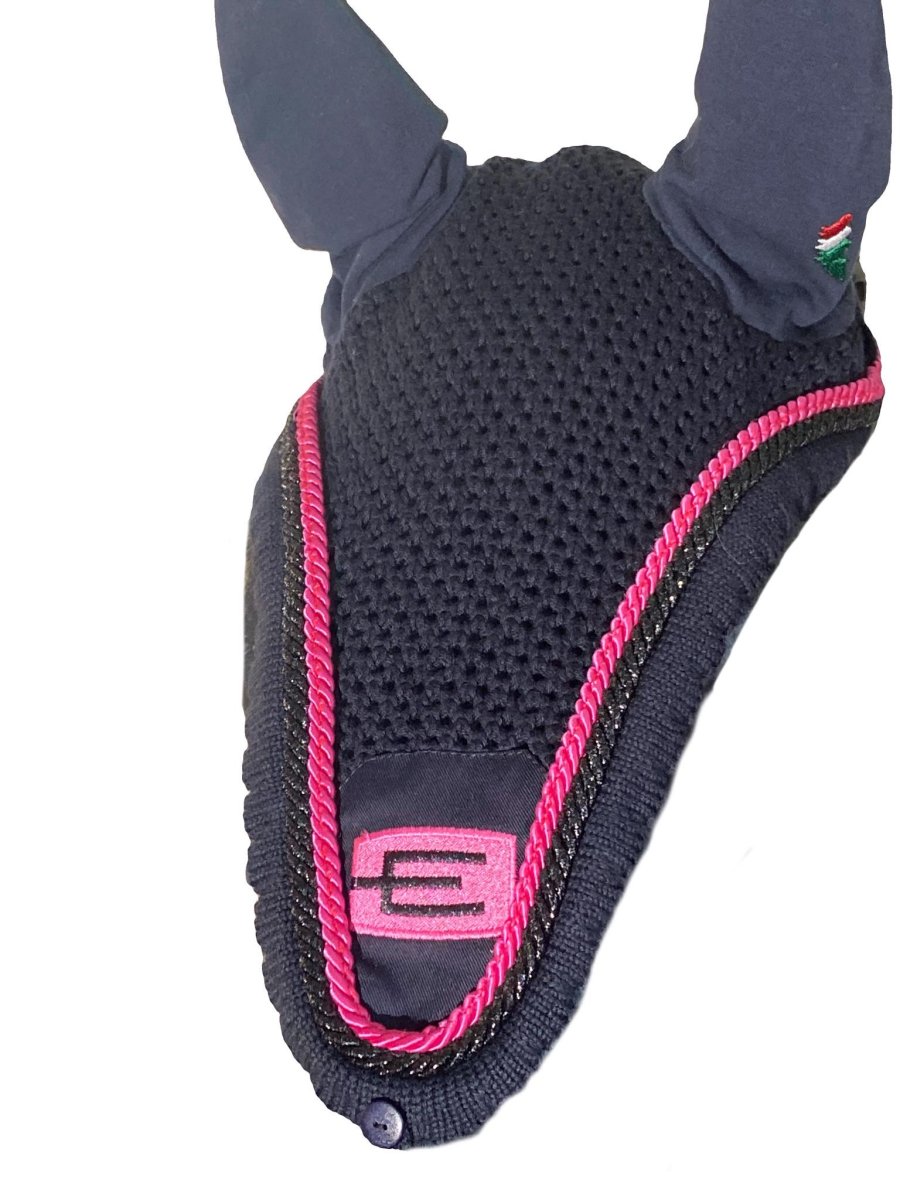 Equiline e-logga tävlingshuva med passpoal i glittersvart/rosa